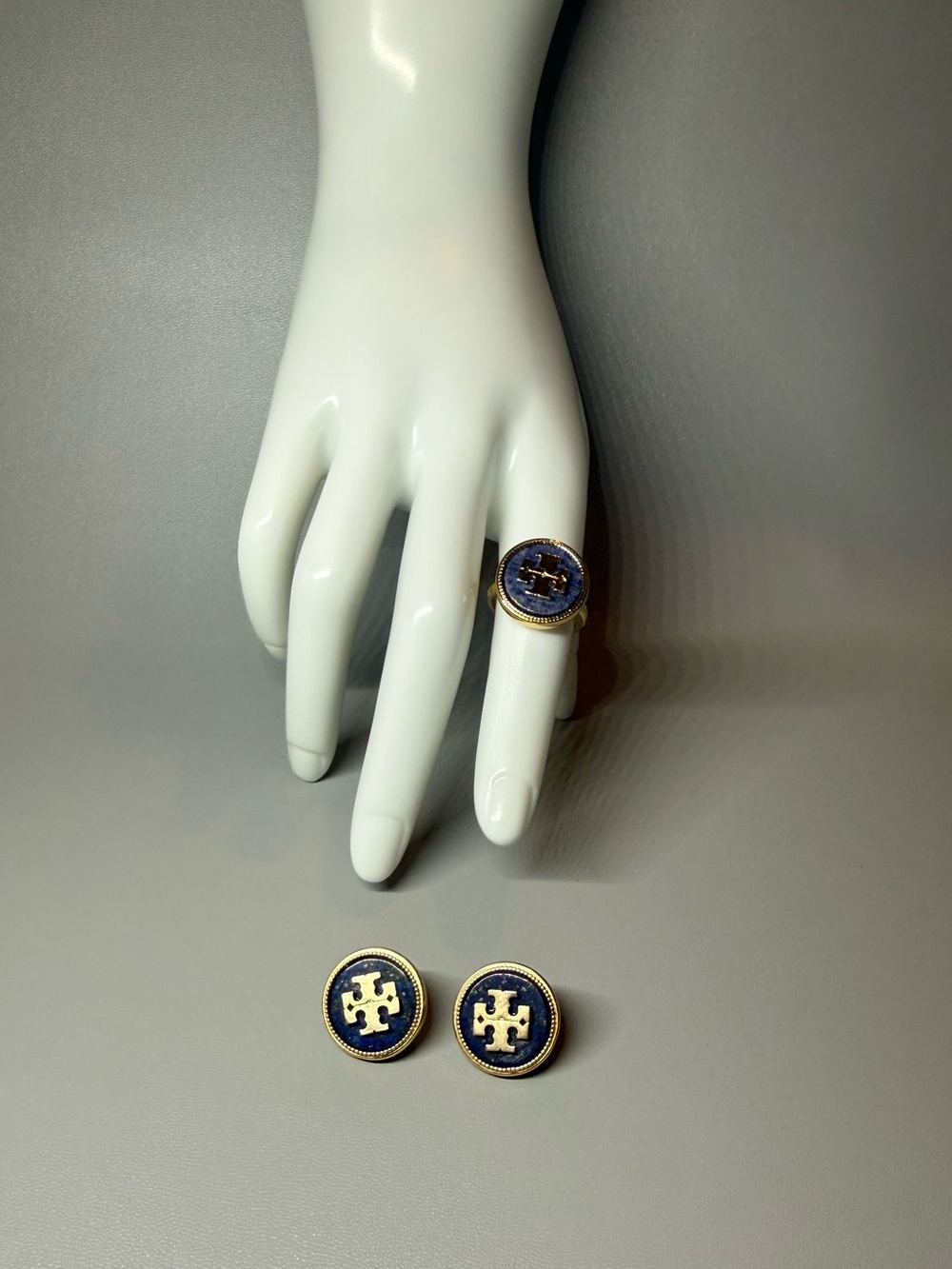 Tory Burch Gold and Navy Blue Enamel Cufflinks and Signet Ring Set